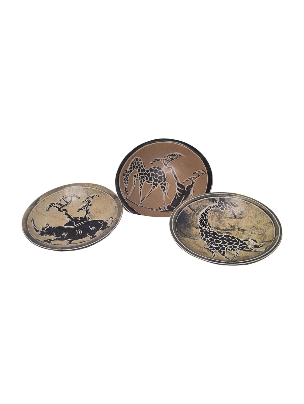 Set of 3 Carved Etched 6 in African Soapstone Safari Trinket Dishes Used